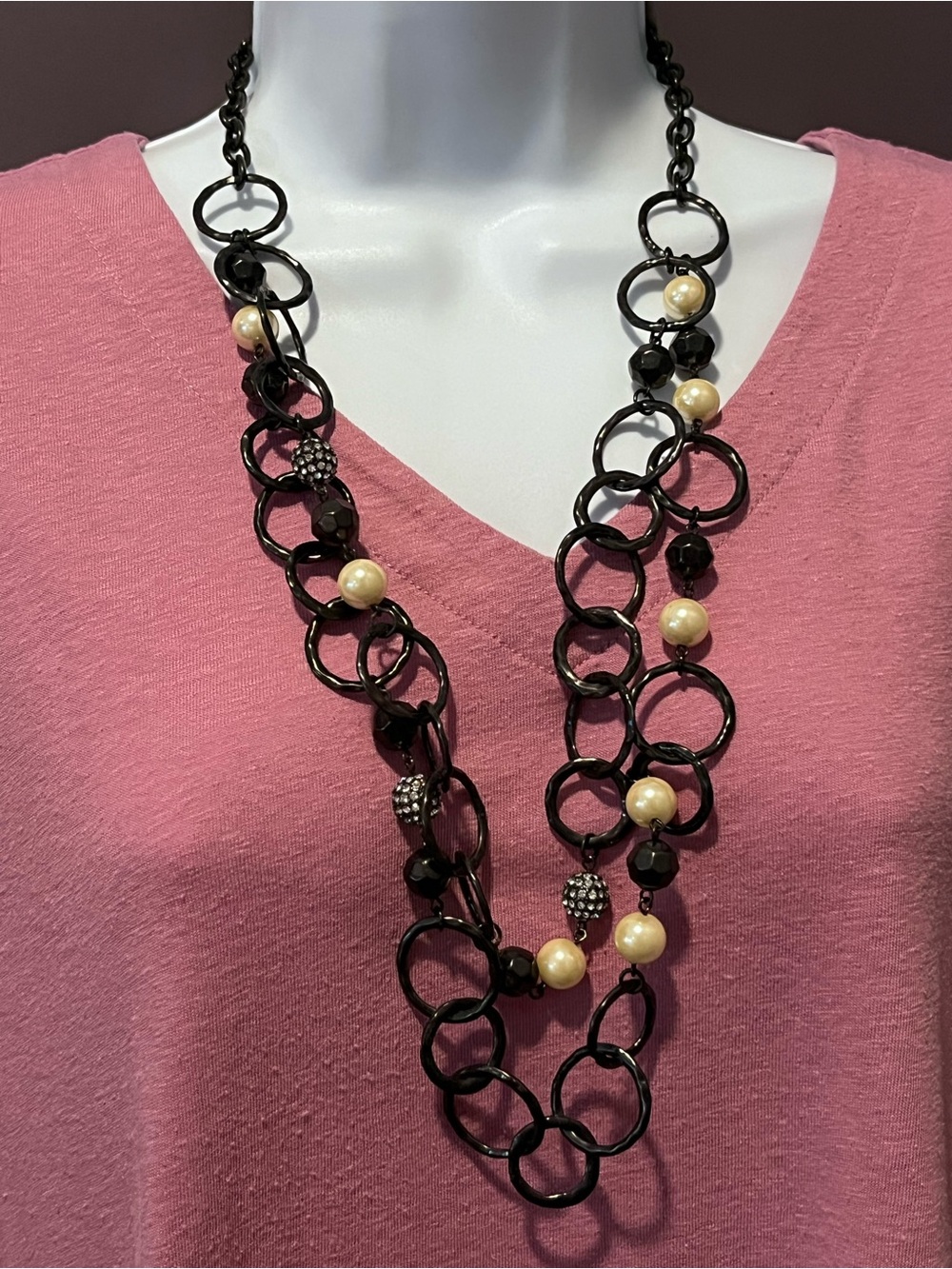Black Chain and Pearl Accent Necklace - Women Jewelry